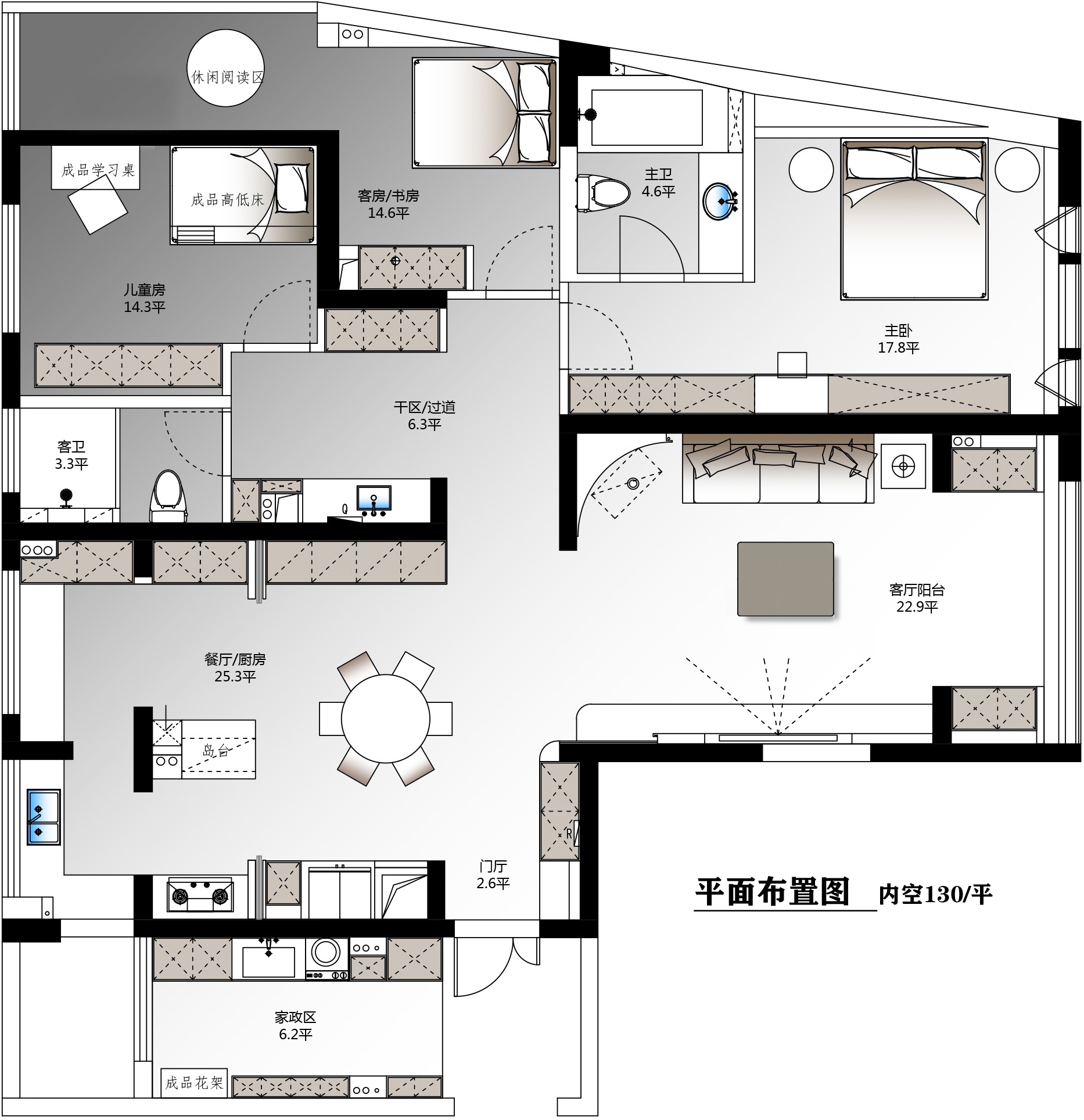 芳卉園143㎡輕歐簡美三居室 裝修案例效果圖-1