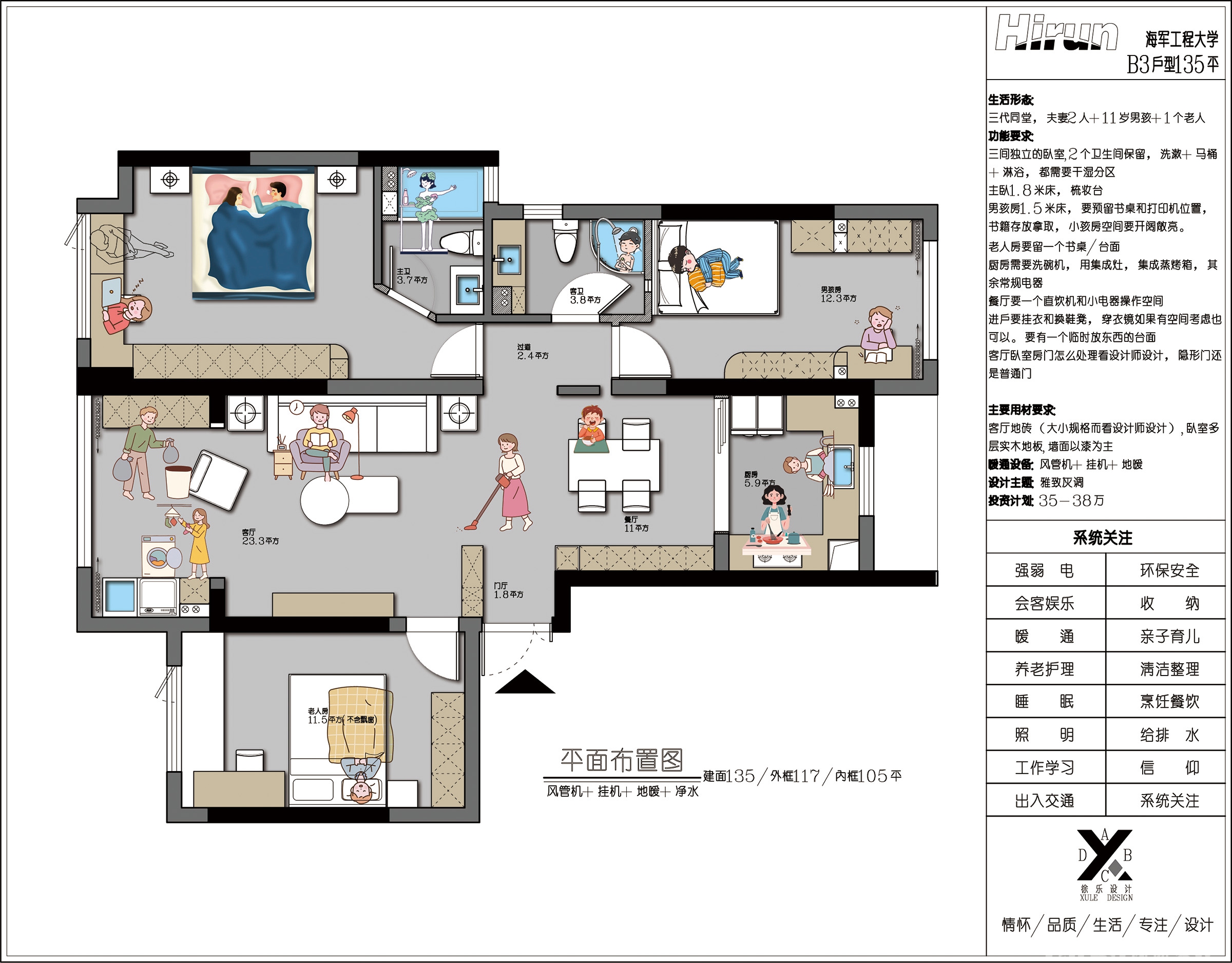 海軍工程大學(xué)135㎡雅致現(xiàn)代三居室 裝修案例效果圖-2