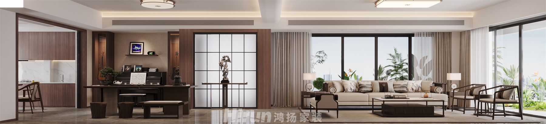 匯景甲叁號院180㎡意境東方四居室 裝修案例效果圖-1